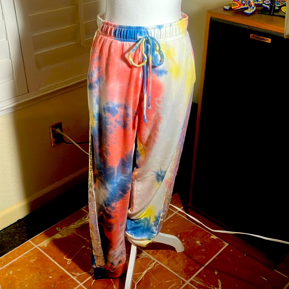 💙💖Alexis G Multi Color Tie Dye Look Loose Fit Sweat Pants W/Side Sequins Sz M